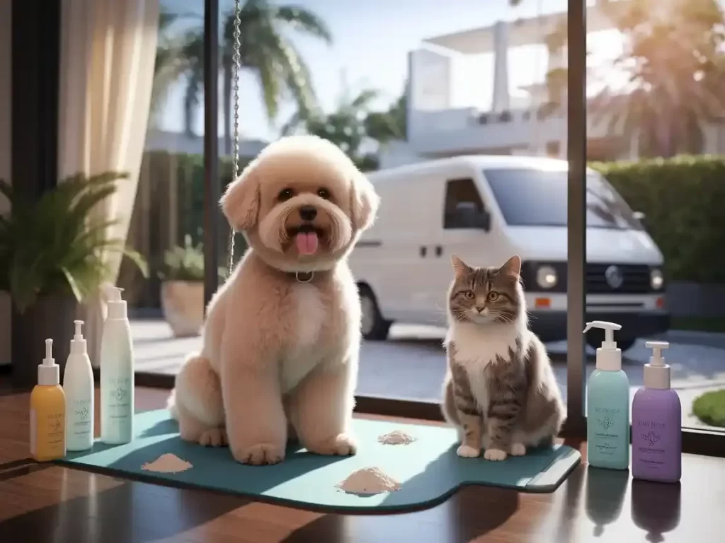 Cat and dog with organic grooming products during mobile pet grooming session in Dubai