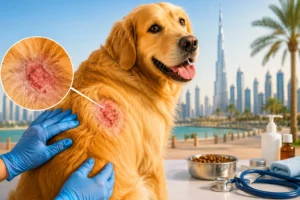Golden Retriever with a hot spot skin lesion being examined by a veterinarian in Dubai, showing symptoms of acute moist dermatitis and pet skin irritation.