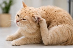 cat scratching its neck with visible fleas on its fur, showing common signs of a flea infestation.