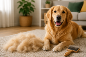 Golden Retriever lying on a living room rug beside a grooming brush and a pile of shed fur after brushing.