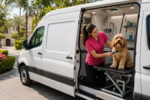 Mobile grooming Dubai service providing doorstep pet care for a happy dog