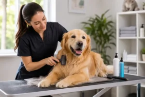 Dog receiving regular grooming to help manage pet allergies.