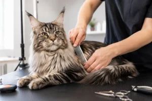 Maine Coon cat receiving professional grooming in Abu Dhabi