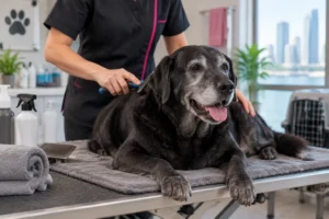 Senior black Labrador resting comfortably during a gentle grooming session designed for dogs with arthritis and mobility needs.