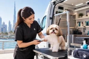 Mobile pet groomer grooming a small dog in Dubai