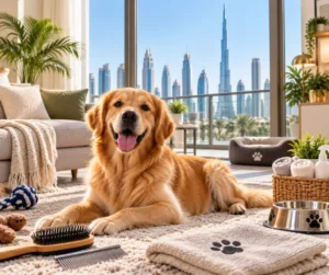 Golden Retriever relaxing in a Dubai apartment with pet grooming supplies