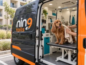 Cocker spaniel being towel-dried on a grooming table inside a Nin9 Tails mobile grooming van.