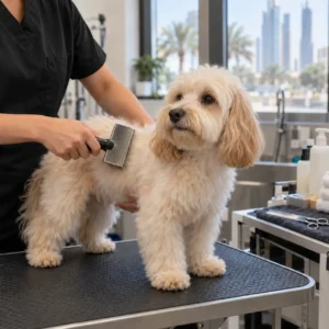 Groomer in a black uniform brushing a cream-colored dog on a grooming table, with grooming tools nearby.