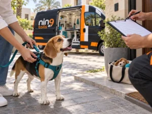 Owner adjusting a beagle’s harness while a groomer reviews a checklist beside a Nin9 Tails mobile grooming van.