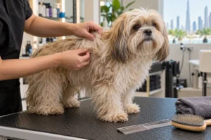 Groomer gently inspecting tangled and matted fur on a long-haired dog’s shoulder.